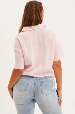 Pink Crop Shirt Short Sleeve Button Up -You And All Fashion Store cwc1159 35rb pink 5