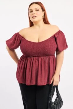 Purple Peplum Top Short Sleeve Shirred