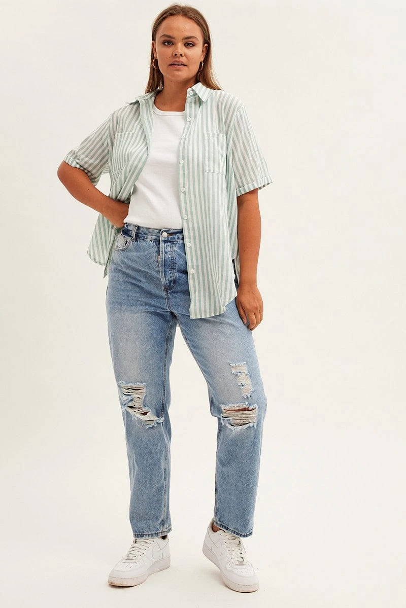 Green Stripe Relaxed Shirt Short Sleeve Button Up 2 Green Stripe Relaxed Shirt Short Sleeve Button Up - Image 2