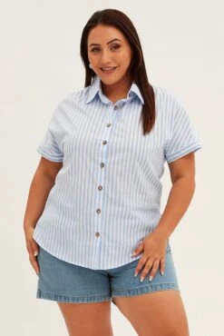 Blue Stripe Relaxed Shirt Short Sleeve Button Up 8 Blue Stripe Relaxed Shirt Short Sleeve Button Up -You And All Fashion Store cwc1207a 35rb stripe 3
