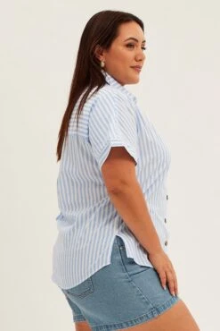 Blue Stripe Relaxed Shirt Short Sleeve Button Up 9 Blue Stripe Relaxed Shirt Short Sleeve Button Up -You And All Fashion Store cwc1207a 35rb stripe 4