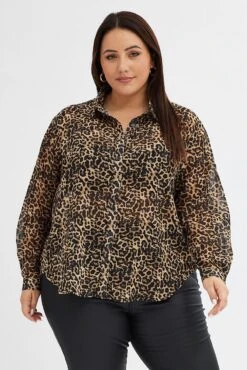 Brown Animal Print Relaxed Shirt Long Sleeve Chiffon