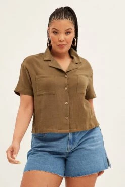 Green Crop Shirt Short Sleeve Button Up -You And All Fashion Store cwc1301 35r khaki 3