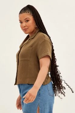 Green Crop Shirt Short Sleeve Button Up -You And All Fashion Store cwc1301 35r khaki 4