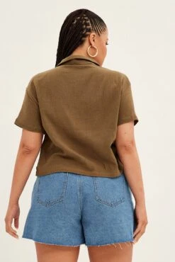 Green Crop Shirt Short Sleeve Button Up -You And All Fashion Store cwc1301 35r khaki 5