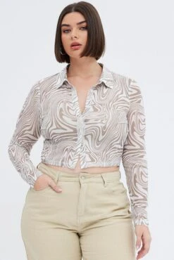 Brown Animal Print Mesh Shirt Long Sleeve -You And All Fashion Store cwc1302 36rb animal pri 4