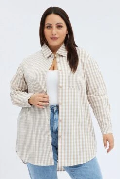 Beige Check Relaxed Shirt Long Sleeve Mixed Check -You And All Fashion Store cwc1362 38r check 3