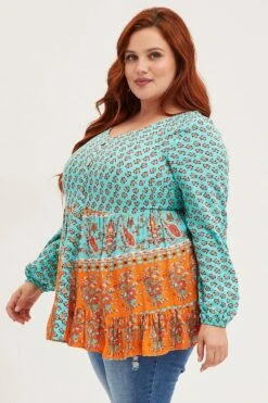 Boder Print Smock Top Long Sleeve Tie -You And All Fashion Store cwc13673e 46ab border prt 4