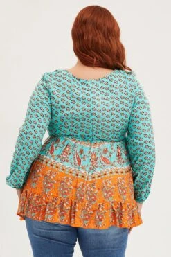 Boder Print Smock Top Long Sleeve Tie -You And All Fashion Store cwc13673e 46ab border prt 5