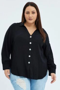 Black Relaxed Shirt Long Sleeve V-neck -You And All Fashion Store cwc1375 47r black 3
