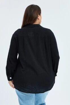 Black Relaxed Shirt Long Sleeve V-neck -You And All Fashion Store cwc1375 47r black 5