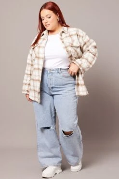 Beige Check Relaxed Shirt Long Sleeve Shacket