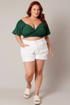 Green Crop Top Short Sleeve Cut Out Textured -You And All Fashion Store cwc14581 35rb forest 3