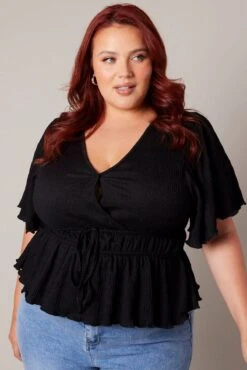 Black Wrap Top Short Sleeve Textured -You And All Fashion Store cwc1465 47rb black 3