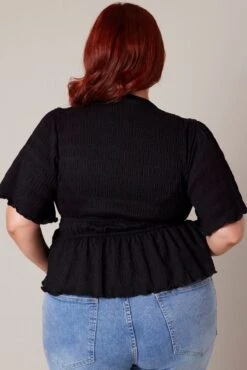 Black Wrap Top Short Sleeve Textured -You And All Fashion Store cwc1465 47rb black 5