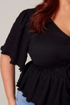 Black Wrap Top Short Sleeve Textured -You And All Fashion Store cwc1465 47rb black 6