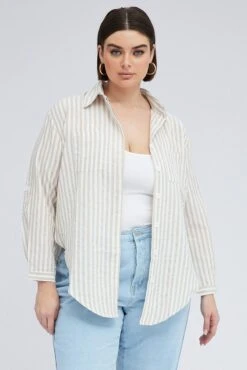 Beige Stripe Relaxed Shirt Long Sleeve Button Up -You And All Fashion Store cwc1465a 46r stripe 3