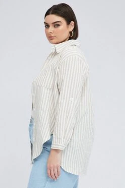 Beige Stripe Relaxed Shirt Long Sleeve Button Up -You And All Fashion Store cwc1465a 46r stripe 4