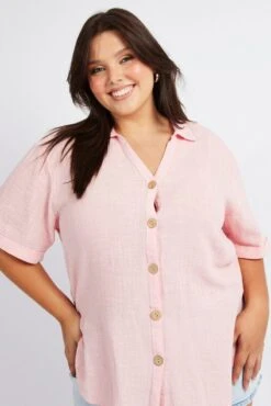 Pink Relaxed Shirt Short Sleeve -You And All Fashion Store cwc14661 47r pink 3