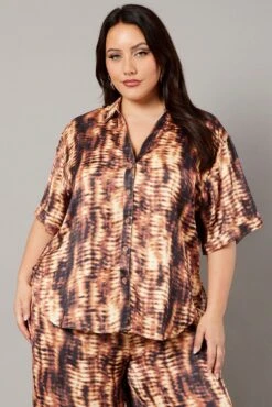 Brown Abstract Relaxed Shirt Short Sleeve Satin -You And All Fashion Store cwc1466aax 47r abstract 3