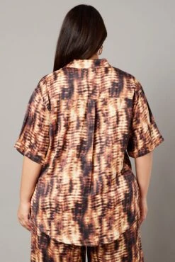 Brown Abstract Relaxed Shirt Short Sleeve Satin -You And All Fashion Store cwc1466aax 47r abstract 5