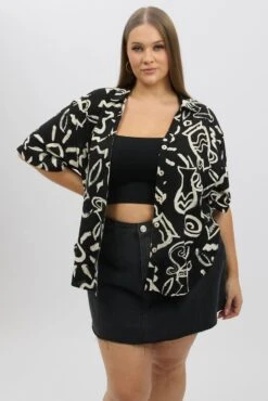 Black Abstract Relaxed Shirt Short Sleeve Linen Blend -You And All Fashion Store cwc1466dax 47r abstract 3