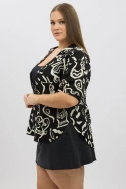 Black Abstract Relaxed Shirt Short Sleeve Linen Blend -You And All Fashion Store cwc1466dax 47r abstract 4