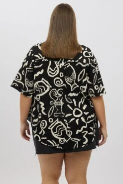 Black Abstract Relaxed Shirt Short Sleeve Linen Blend -You And All Fashion Store cwc1466dax 47r abstract 5