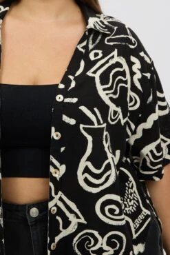 Black Abstract Relaxed Shirt Short Sleeve Linen Blend -You And All Fashion Store cwc1466dax 47r abstract 6