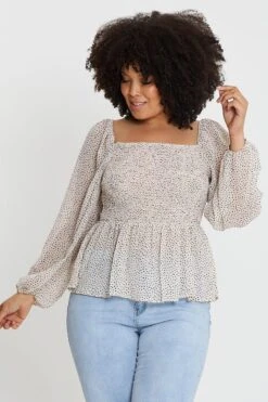 Polka Dot Long Sleeve Shirred Black Spot Top