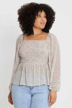 Polka Dot Long Sleeve Shirred Black Spot Top -You And All Fashion Store cwc15331 52l polka dot 3 1