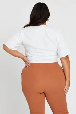 White Short Sleeve White Linen Blend Tie Front Shirt -You And All Fashion Store cwc1547 35a white 5