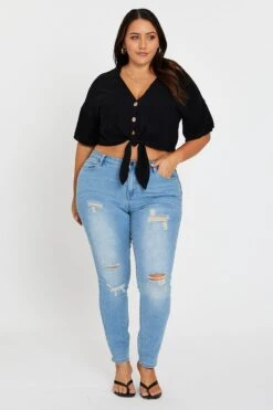 Black Short Sleeve Linen Blend Tie Front Shirt -You And All Fashion Store cwc1547 35abblack 2