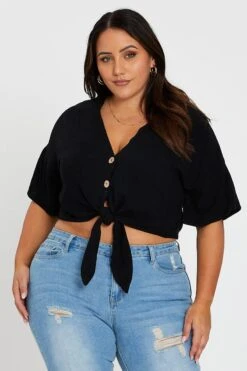 Black Short Sleeve Linen Blend Tie Front Shirt -You And All Fashion Store cwc1547 35abblack 3