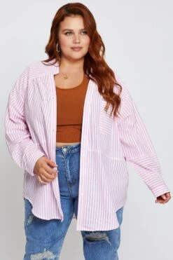 Stripe Oversized Shirt -You And All Fashion Store cwc1642 10l stripe pink 3