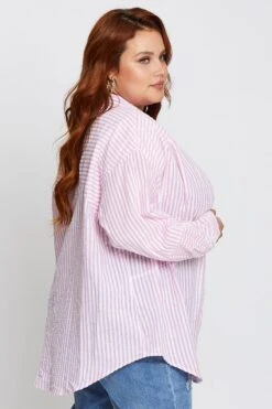 Stripe Oversized Shirt -You And All Fashion Store cwc1642 10l stripe pink 4