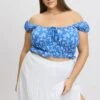Blue Ditsy Crop Top Short Sleeve Ruched Bust