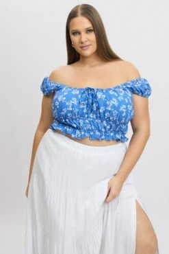 Blue Ditsy Crop Top Short Sleeve Ruched Bust
