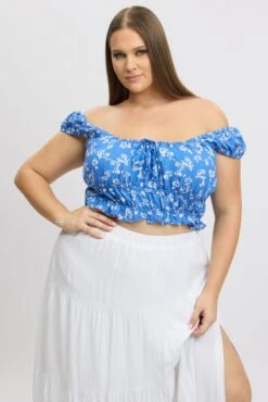 Blue Ditsy Crop Top Short Sleeve Ruched Bust -You And All Fashion Store cwc1670r 47r ditsy 3