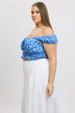 Blue Ditsy Crop Top Short Sleeve Ruched Bust -You And All Fashion Store cwc1670r 47r ditsy 4