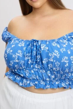 Blue Ditsy Crop Top Short Sleeve Ruched Bust -You And All Fashion Store cwc1670r 47r ditsy 6