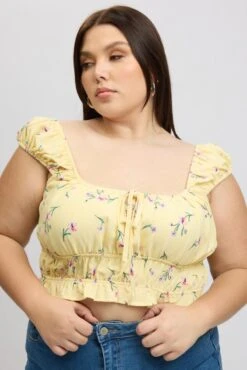 Yellow Ditsy Crop Top Short Sleeve Ruched Bust