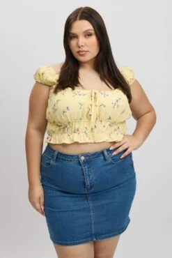 Yellow Ditsy Crop Top Short Sleeve Ruched Bust -You And All Fashion Store cwc1670sx 47rb ditsy 3