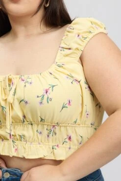 Yellow Ditsy Crop Top Short Sleeve Ruched Bust -You And All Fashion Store cwc1670sx 47rb ditsy 6