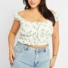 Green Ditsy Crop Top Short Sleeve Ruched Bust