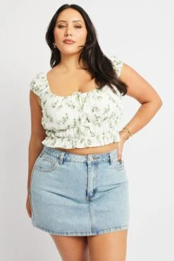 Green Ditsy Crop Top Short Sleeve Ruched Bust -You And All Fashion Store cwc1670v 47rb ditsy 3