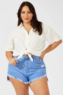 White Relaxed Shirt Short Sleeve Textured