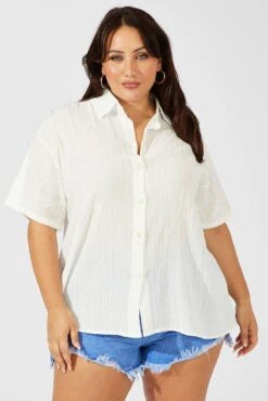 White Relaxed Shirt Short Sleeve Textured -You And All Fashion Store cwc1676b 47rb white 3