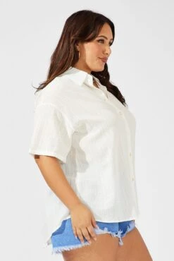 White Relaxed Shirt Short Sleeve Textured -You And All Fashion Store cwc1676b 47rb white 4