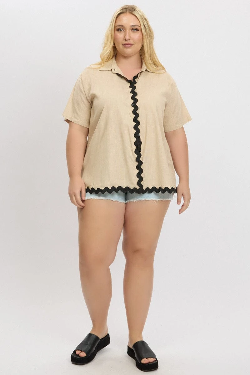 Beige Ric Rac Shirt Short Sleeve Linen Blend 2 Beige Ric Rac Shirt Short Sleeve Linen Blend - Image 2